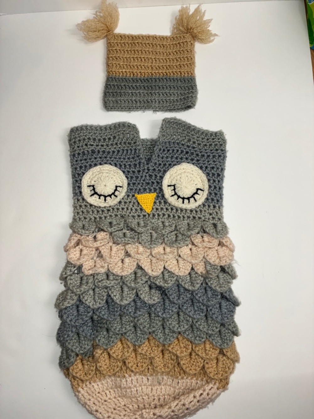 Handmade Owl Crochet Sleeping Sack and Hat Set – Gray, Tan, Cream